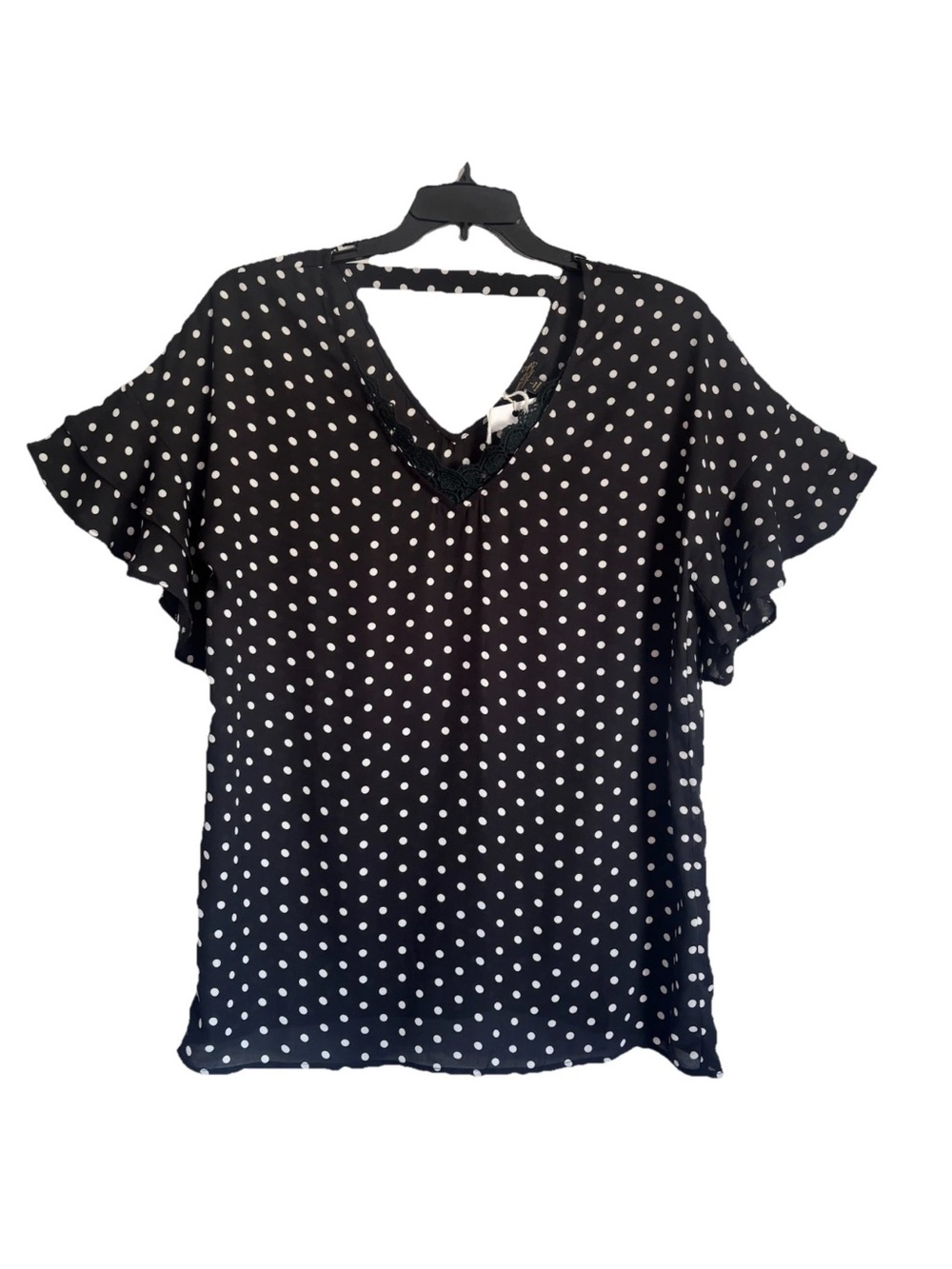 Suzanne Betro Signature Polka Dot Short Ruffle Sleeve Lace Trim Blouse Top NWT